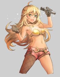 Rule 34 | 1girl, :d, ahoge, asymmetrical legwear, belt, bikini, bikini top only, blonde hair, blush, breasts, brown gloves, choker, cleavage, clenched hand, cowboy shot, cropped legs, gloves, green eyes, grey background, holding, holding microphone, hoshii miki, idolmaster, idolmaster (classic), jewelry, long hair, microphone, mismatched legwear, navel, necklace, no shirt, o-ring, open mouth, pantyhose, pendant, rein00, simple background, single leg pantyhose, smile, solo, stomach, strapless, strapless bikini, swimsuit, very long hair, yellow bikini