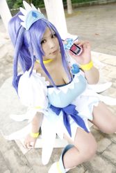 Rule 34 | 1girl, ankle boots, asian, blue eyes, blue hair, boots, bracelet, breasts, cellphone, choker, chouzuki maryou, cleavage, cosplay, cure diamond, cure diamond (cosplay), dokidoki! precure, dress, jewelry, large breasts, long hair, magical girl, matching hair/eyes, phone, photo (medium), plump, precure, puffy short sleeves, puffy sleeves, short sleeves, solo, tiara
