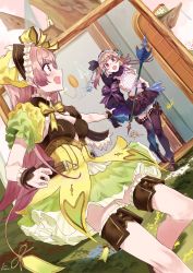 Rule 34 | 2girls, atelier (series), atelier lydie &amp; suelle, blush, bow, bowtie, breasts, cleavage, detached sleeves, gloves, hair ornament, hairband, highres, long hair, lydie marlen, multiple girls, open mouth, pink eyes, pink hair, qmmparabellum, short hair, siblings, side ponytail, single detached sleeve, sisters, skirt, small breasts, staff, suelle marlen, thighhighs, twins, yellow bow
