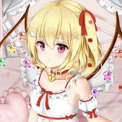 Rule 34 | 1girl, alternate costume, blonde hair, blush, bow, choker, crystal, flandre scarlet, flower, frown, hair ornament, heart lock, nyanyanoruru, pillow, pink eyes, red bow, rose, short hair, side ponytail, source request, star (symbol), touhou, wing hair ornament, x hair ornament