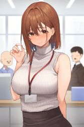Rule 34 | 1girl, 2boys, absurdres, animal ears, arm behind back, black skirt, blush, breasts, brown hair, faceless, faceless male, highres, holding, holding own hair, indoors, lanyard, large breasts, looking at viewer, medium hair, mole, mole on armpit, mole under eye, multiple boys, original, skirt, sleeveless, sleeveless turtleneck, smile, sweater, turtleneck, udon (udonalium), white sweater