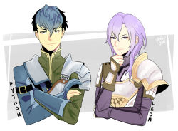 Rule 34 | 2boys, angkooart, armor, artist name, black hair, blue hair, character name, fingerless gloves, fire emblem, fire emblem echoes: shadows of valentia, gloves, green eyes, leon (fire emblem echoes), long hair, male focus, multicolored hair, multiple boys, nintendo, purple eyes, purple hair, python (fire emblem), two-tone hair, upper body, white background