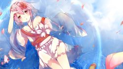 Rule 34 | 1girl, blush, body blush, braid, floating, flower, hair flower, hair ornament, hand on own forehead, highres, in water, japanese clothes, long hair, mao yuzi, off shoulder, petals, pink hair, ribbon-trimmed clothes, ribbon trim, sergestid shrimp in tungkang, solo, wide sleeves, xuan ying