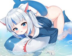 Rule 34 | 1girl, 2drr, all fours, animal ear fluff, animal ears, ass, blue eyes, blue hair, blue hoodie, blunt bangs, blush, bottomless, breasts, cat ears, cat girl, cat tail, clothes lift, collarbone, commentary request, downblouse, fins, fish tail, gawr gura, hair ornament, hololive, hololive english, hood, hoodie, hoodie lift, inflatable shark, inflatable toy, long hair, long sleeves, looking at viewer, multicolored hair, ocean, one side up, open mouth, shark tail, solo, streaked hair, tail, virtual youtuber, water, white hair