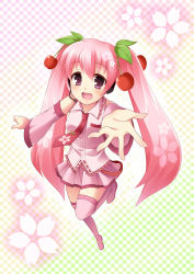 Rule 34 | 1girl, absurdres, alternate color, checkered background, cherry, cherry blossoms, detached sleeves, food, fruit, hair ornament, hatsune miku, highres, long hair, looking at viewer, mashiro yuki, necktie, open mouth, pink eyes, pink shirt, pink skirt, pink thighhighs, reaching, reaching towards viewer, sakura miku, shirt, skirt, smile, solo, thighhighs, twintails, vocaloid