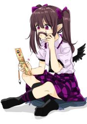 Rule 34 | 1girl, absurdres, bad id, bad pixiv id, bird wings, black socks, black wings, brown hair, cellphone, charm (object), checkered clothes, checkered skirt, commentary, cushion, expressionless, feathered wings, flip phone, hair between eyes, hair ribbon, hand on own face, hand on own knee, highres, himekaidou hatate, holding, holding own hair, holding phone, indian style, kneehighs, looking to the side, no shoes, phone, pointy ears, puffy short sleeves, puffy sleeves, purple eyes, purple skirt, ribbon, shirokaba114, shirt, short sleeves, simple background, sitting, skirt, socks, solo, touhou, two side up, white background, white shirt, wings, zabuton
