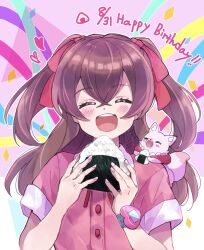 Rule 34 | 1girl, :d, animal, animal on shoulder, birthday, brown hair, closed eyes, collared dress, commentary, confetti, dated, delicious party precure, dress, eating, english text, facing viewer, food, fox, hair ribbon, happy birthday, heart, highres, holding, holding food, kome-kome (precure), long hair, nagomi yui, onigiri, open mouth, pink dress, precure, red ribbon, ribbon, short sleeves, smile, solo, sorashinakei k, streamers, two side up, upper body, watch, wristwatch