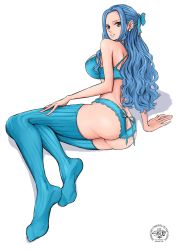 Rule 34 | 1girl, alternate costume, aqua thighhighs, ass, blue hair, breasts, brown eyes, butt crack, earrings, from side, hair intakes, hair ribbon, hand on own thigh, highres, jewelry, large breasts, lingerie, long hair, nefertari vivi, one piece, ribbon, sherumaru (korcht06), simple background, solo, thighhighs, thighs, underwear, white background