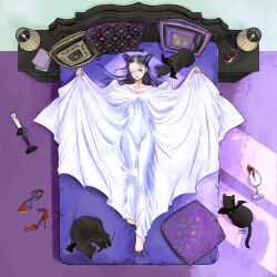 Rule 34 | 1girl, barefoot, bat wings, black cat, black hair, candle, cat, collarbone, dated, feet, from above, full body, glass, high heels, highres, lamp, long hair, lying, on back, on bed, one eye closed, original, pillow, red footwear, signature, solo, toes, tronc, unworn footwear, wings