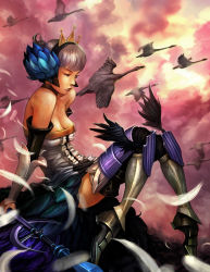 Rule 34 | 1girl, armor, armored dress, bird, breasts, cleavage, dcwj, feathers, gwendolyn (odin sphere), highres, odin sphere, pink background, realistic, short hair, solo, swan, thighhighs