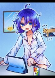 Rule 34 | 1girl, black panties, blouse, can, computer, drink can, energy drink, hair between eyes, highres, letterboxed, naked shirt, open clothes, open mouth, open shirt, panties, pote (ptkan), purple hair, shirt, short hair, soda can, solo, standing, tablet pc, tenkyuu chimata, touhou, unconnected marketeers, underwear, white shirt, window