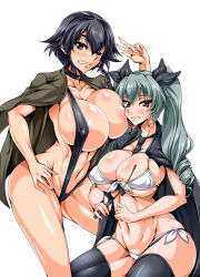 Rule 34 | 10s, 2girls, anchovy (girls und panzer), areola slip, between breasts, bikini, bikini under clothes, black bikini, black hair, black thighhighs, blush, body blush, braid, breast press, breasts, bursting breasts, cape, choker, cleavage, convenient censoring, covered erect nipples, curvy, drill hair, female focus, fingernails, front-tie bikini top, front-tie top, girls und panzer, green hair, grey hair, grin, groin, hair between eyes, hair ribbon, hand on own hip, holding, holding riding crop, huge breasts, jacket, jacket on shoulders, kanten, large breasts, long fingernails, long hair, looking at viewer, lowleg, lowleg bikini, micro bikini, multiple girls, navel, necktie, one-piece swimsuit, one eye closed, open clothes, open jacket, pepperoni (girls und panzer), puffy nipples, red eyes, ribbon, riding crop, shiny skin, short hair, side-tie bikini bottom, side braid, sideboob, simple background, sitting, skindentation, slingshot swimsuit, smile, swimsuit, swimsuit under clothes, thighhighs, twin drills, twintails, underboob, v, white background, white bikini, white one-piece swimsuit, wide hips