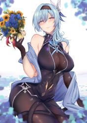 Rule 34 | 1girl, absurdres, asymmetrical gloves, bare shoulders, black dress, black gloves, black hairband, black pantyhose, blue flower, blue hair, blue rose, blue shawl, blush, bouquet, breasts, cleavage, closed mouth, covered navel, dress, elbow gloves, eula (genshin impact), flower, genshin impact, gloves, hairband, half-closed eyes, hand up, highres, hiroshi (2443303124), large breasts, lips, medium hair, orange eyes, pantyhose, petals, rose, see-through, see-through cleavage, see-through cutout, shawl, sleeveless, sleeveless dress, smile, solo, sunflower, uneven gloves, variant set, white background