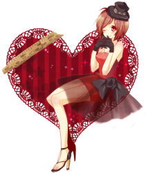 Rule 34 | 1girl, bad id, bad pixiv id, brown eyes, brown hair, female focus, gloves, hat, heart, high heels, meiko (vocaloid), mikipa, one eye closed, open shoes, red theme, shoes, short hair, smile, solo, top hat, veil, vocaloid, white background, wink