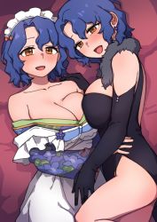 Rule 34 | 2girls, asymmetrical docking, bed sheet, black dress, black gloves, blue hair, breast press, breasts, brown eyes, cleavage, dress, earrings, elbow gloves, feather boa, gloves, hand on another&#039;s hip, hand on another&#039;s shoulder, idolmaster, idolmaster million live!, idolmaster million live! theater days, japanese clothes, jewelry, kimono, kimono pull, kwaejina, large breasts, looking at viewer, lying, maid headdress, multiple girls, multiple persona, off shoulder, on back, on bed, on side, open mouth, short hair, side slit, smile, thighs, toyokawa fuka