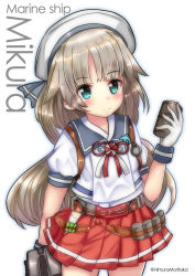 Rule 34 | 1girl, blue eyes, blush, character name, depth charge, dolphin, hat, highres, himura moritaka, hip vent, holding, kantai collection, light brown hair, long hair, low twintails, mikura (kancolle), panties, pleated skirt, puffy short sleeves, puffy sleeves, red skirt, sailor collar, sailor hat, school uniform, serafuku, short sleeves, simple background, skirt, smile, solo, twintails, twitter username, underwear, white background, white hat, white panties