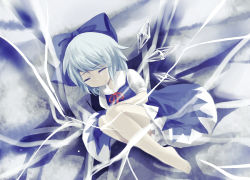 Rule 34 | 1girl, barefoot, bloomers, blue dress, blue hair, bow, bowtie, cirno, crying, dress, closed eyes, full body, hair ornament, hair ribbon, highres, ice, ice wings, kokuneko (graycat06), puffy sleeves, ribbon, sad, short hair, short sleeves, solo, tears, touhou, underwear, vest, wings