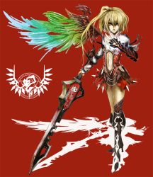 Rule 34 | 00s, 1girl, alternate wings, armor, blonde hair, capcom, chain, devil bringer, devil may cry (series), devil may cry 4, female focus, flandre scarlet, navel, nero (devil may cry), ponytail, red eyes, ross (clumzero), shadow, short hair, short hair with long locks, side ponytail, solo, sword, embodiment of scarlet devil, touhou, weapon, wings