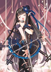 Rule 34 | 1girl, bare shoulders, black hair, bow, chain, dress, closed eyes, long hair, looking at viewer, microphone, microphone stand, open mouth, pantyhose, ribbon, selenoring, solo, souseiki aster gate, very long hair, wristband