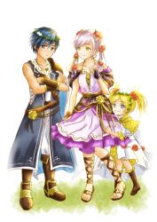 1boy 2girls aged_down bare_shoulders blonde_hair blue_eyes blue_hair boots brand_of_the_exalt brother_and_sister brown_boots brown_eyes child chrom_(child)_(fire_emblem) chrom_(fire_emblem) chrom_(valentine)_(fire_emblem) collarbone commentary_request crossed_arms dress fire_emblem fire_emblem_awakening fire_emblem_heroes flower full_body hair_flower hair_ornament head_wreath highres hug hug_from_behind knee_boots lissa_(child)_(fire_emblem) lissa_(fire_emblem) lissa_(valentine)_(fire_emblem) long_hair looking_at_another looking_at_viewer moverabbit0305 multiple_girls nintendo official_alternate_costume robin_(female)_(child)_(fire_emblem) robin_(female)_(fire_emblem) robin_(female)_(valentine)_(fire_emblem) robin_(fire_emblem) short_hair siblings simple_background sleeveless smile standing toes twintails white_background white_hair