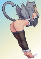 Rule 34 | 1girl, animal ears, ass, barefoot, black thighhighs, bottomless, cat ears, cat tail, detached sleeves, duplicate, dutch angle, feet, full body, gradient background, grey hair, jpeg artifacts, kei jiei, leaning forward, looking at viewer, looking back, original, simple background, solo, standing, tail, thighhighs, tiptoes, toe-point, toeless legwear, toes, wings, yellow eyes