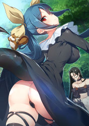 Rule 34 | 1boy, 1girl, animal, ass, back, bare shoulders, black dress, black hair, black thighhighs, blue hair, breasts, choker, closed mouth, collarbone, covered erect nipples, cowboy shot, crotch plate, day, dizzy (guilty gear), dress, forest, from behind, guilty gear, guilty gear x, hair ribbon, highres, large breasts, long dress, long hair, long sleeves, looking at viewer, looking back, maebari, nature, outdoors, red eyes, ribbon, sitting, skindentation, sky, smile, spread legs, squirrel, tail, testament (guilty gear), thigh strap, thighhighs, tree, twintails, yamacchi, yellow ribbon