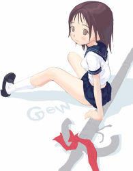 Rule 34 | 1girl, blush, brown eyes, brown hair, character request, copyright request, frown, kneehighs, loafers, looking to the side, sailor collar, school uniform, serafuku, shirt, shoes, short hair, short sleeves, sitting, socks, solo, syzluna, tougetsu gou, white socks, white shirt
