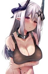 Rule 34 | 1girl, arknights, bare shoulders, black collar, blush, breasts, cleavage, collar, commentary request, highres, horns, infection monitor (arknights), kamita, large breasts, long hair, looking at viewer, material growth, mudrock (arknights), oripathy lesion (arknights), parted lips, partial commentary, pointy ears, red eyes, silver hair, simple background, solo, sports bra, upper body, white background