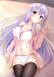 Rule 34 | 1girl, absurdres, azur lane, bed sheet, black thighhighs, blush, braid, breasts, cleavage, collarbone, commentary request, french braid, highres, hiragi ringo, large breasts, long hair, looking at viewer, lying, navel, on back, purple eyes, purple hair, rodney (warship girls r), smile, solo, thighhighs
