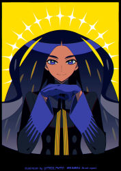 Rule 34 | 1girl, artist name, black hair, black jacket, blue eyes, blue gloves, closed mouth, commentary request, creatures (company), dark-skinned female, dark skin, eyelashes, game freak, geeta (pokemon), gloves, hands up, highres, jacket, long hair, meiji ken, neck ribbon, nintendo, own hands together, parted bangs, pokemon, pokemon sv, ribbon, smile, solo, watermark, yellow background, yellow ribbon
