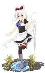 Rule 34 | 1girl, absurdres, american flag, american flag print, apron, artist name, azur lane, black dress, blue eyes, blush, boots, brown thighhighs, closed umbrella, commentary request, dress, flag print, frilled apron, frilled dress, frills, grey footwear, hair between eyes, hammann (azur lane), highres, holding, holding umbrella, maru shion, open mouth, print neckwear, puffy short sleeves, puffy sleeves, rubber boots, short sleeves, simple background, solo, standing, standing on one leg, thighhighs, umbrella, waist apron, water, white apron, white background, white hair, white umbrella, wrist cuffs
