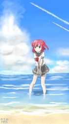 Rule 34 | 10s, 1girl, artist name, ascot, bad id, bad pixiv id, bare legs, beach, cloud, contrail, dated, day, green eyes, grey skirt, kurosawa ruby, looking at viewer, love live!, love live! school idol project, love live! sunshine!!, necktie, ocean, outdoors, own hands together, pleated skirt, puffy short sleeves, puffy sleeves, red hair, sailor collar, school uniform, serafuku, short sleeves, skirt, sky, smile, solo, standing, twintails, two side up, wading, zagashira