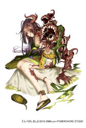 Rule 34 | 1girl, asymmetrical arms, body horror, bridal gauntlets, brown hair, covering privates, covering breasts, dmm, earrings, extra eyes, extra mouth, full body, horns, jewelry, looking at viewer, official art, pointy ears, red eyes, scar, shoes, simple background, single horn, single shoe, solo, teeth, torn clothes, yuba no shirushi, zenmaibook