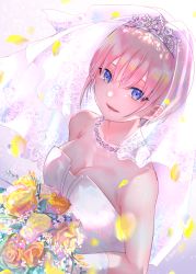 Rule 34 | 1girl, :d, absurdres, aibon, bare shoulders, blush, bouquet, breasts, bridal veil, cleavage, collarbone, crying, crying with eyes open, dress, elbow gloves, eyebrows hidden by hair, flower, gloves, go-toubun no hanayome, happy tears, highres, holding, holding bouquet, jewelry, large breasts, nakano itsuki, necklace, open mouth, orange flower, orange rose, petals, pink hair, purple eyes, rose, short hair, smile, solo, strapless, strapless dress, tears, tiara, veil, wedding dress, white gloves