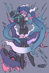 Rule 34 | 1girl, absurdly long hair, ahoge, black footwear, black sleeves, blue hair, boots, choppy bangs, closed mouth, commentary request, creatures (company), detached arm, detached legs, detached sleeves, expressionless, floating hair, game freak, gen 4 pokemon, ghost miku (project voltage), gradient hair, grey background, grey shirt, grey skirt, hair ornament, hands up, hatsune miku, highres, hitodama, jitome, long bangs, long hair, mismagius, multicolored hair, nintendo, pokemon, pokemon (creature), project voltage, sanpaku, see-through, see-through silhouette, see-through skirt, shirt, signature, skirt, sleeveless, sleeveless shirt, sleeves past fingers, sleeves past wrists, solo, tansaiboooo, thigh boots, twintails, very long hair, vocaloid, white hair, wind, wind lift, yellow eyes
