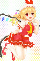 Rule 34 | 1girl, ascot, blonde hair, blush, chiroshiron, flandre scarlet, hat, highres, laevatein, looking at viewer, mary janes, open mouth, red eyes, shoes, short hair, side ponytail, skirt, smile, solo, thighhighs, touhou, white thighhighs, wings