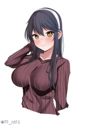 Rule 34 | 1girl, black hair, breasts, brown background, gradient background, hair ornament, hairband, hairclip, haruna (kancolle), highres, kantai collection, large breasts, long hair, long sleeves, ribbed shirt, shirt, smile, solo, tf cafe, twitter username, upper body