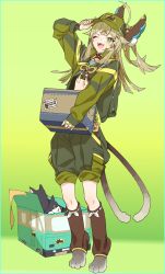 Rule 34 | 1girl, ahoge, animal, box, cat, cat girl, cat tail, fangs, full body, genshin impact, green background, green eyes, green headwear, green jacket, green pants, green theme, highres, holding, holding box, jacket, kirara (genshin impact), light brown hair, long hair, long sleeves, looking at viewer, midriff, one eye closed, open clothes, open jacket, pants, simple background, solo, tail, yoco n