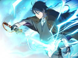 Rule 34 | 1boy, akutagawa ryuunosuke (bungou to alchemist), antenna hair, ascot, black gloves, blue eyes, blue hair, blue vest, book, brooch, brown cape, bungou to alchemist, cape, cowboy shot, dark blue hair, drawing sword, earrings, energy, gears, gloves, grey background, grey kimono, hair between eyes, holding, holding sword, holding weapon, ichii (ichii 00), japanese clothes, jewelry, kimono, long hair, long sleeves, looking ahead, low ponytail, male focus, materializing, open book, parted lips, partially fingerless gloves, shirt, solo, sword, vest, weapon, white ascot, white shirt, wide sleeves