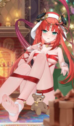 Rule 34 | 1girl, absurdres, aqua eyes, bare shoulders, bell, blush, breasts, christmas, christmas ornaments, christmas tree, convenient censoring, feet, foot out of frame, foreshortening, genshin impact, highres, karsa, legs, long hair, looking at viewer, medium breasts, neck bell, nilou (genshin impact), no shoes, red hair, red ribbon, ribbon, sitting, soles, solo, stuffed animal, stuffed toy, teddy bear, toes, very long hair