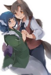 Rule 34 | 2girls, alternate costume, animal ears, ascot, blue eyes, blue hair, blush, brown hair, dress, fins, green dress, head fins, heart, heart-shaped pupils, highres, holding hands, imaizumi kagerou, japanese clothes, long hair, long sleeves, looking at viewer, md5 mismatch, mermaid, monster girl, multiple girls, open mouth, orange eyes, pants, resized, ribbon, sash, shirt, short hair, shukinuko, simple background, smile, symbol-shaped pupils, tail, touhou, vest, wakasagihime, white background, wide sleeves, wolf ears, wolf tail, yuri