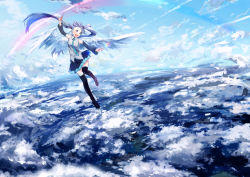 Rule 34 | 1girl, angel wings, aqua eyes, aqua hair, bad id, bad pixiv id, bare shoulders, black thighhighs, blue eyes, blue hair, boots, cloud, detached sleeves, flying, hatsune miku, highres, long hair, magic, matching hair/eyes, musical note, skirt, sky, solo, thigh boots, thighhighs, twintails, ume (plumblossom), very long hair, vocaloid, wand, wings, zettai ryouiki