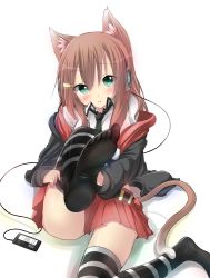 Rule 34 | 1girl, animal ears, aqua eyes, borrowed character, brown hair, cat ears, feet, headphones, highres, long hair, looking at viewer, media player interface, no shoes, original, pentagon (railgun ky1206), pout, simple background, skirt, sock pull, solo, striped clothes, striped thighhighs, tail, thighhighs, yonari phone neon