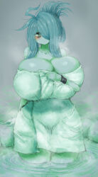 Rule 34 | 1girl, 2b-ge, bags under eyes, breasts, cleavage, curvy, eyelashes, female focus, green theme, hair over one eye, highres, huge breasts, in water, long hair, looking at viewer, mei (2b-ge), naked towel, onsen, original, shiny skin, skindentation, solo, spot color, steam, thick thighs, thighs, towel, updo, water, wet, wide hips