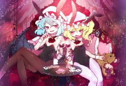 Rule 34 | 2girls, animal ears, ascot, bare shoulders, bat wings, black legwear, brooch, card, cup, detached sleeves, drinking glass, fake animal ears, fang, flandre scarlet, hat, ifelt (tamaki zutama), indoors, jewelry, leotard, looking at viewer, mob cap, multiple girls, nail polish, pantyhose, pillow, playboy bunny, playing card, rabbit ears, red ascot, red nails, remilia scarlet, sitting, smile, sparkle, stuffed animal, stuffed toy, stuffing, table, teddy bear, touhou, white hat, white legwear, wine glass, wings