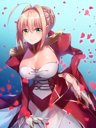 Rule 34 | 10s, 1girl, aburai yui, ahoge, blonde hair, braid, breasts, cleavage, closed mouth, commentary request, dress, epaulettes, fate/extra, fate (series), french braid, green eyes, hair bun, hair intakes, hand on own hip, highres, large breasts, long hair, long sleeves, looking at viewer, nero claudius (fate), nero claudius (fate) (all), nero claudius (fate/extra), petals, red dress, single hair bun, solo