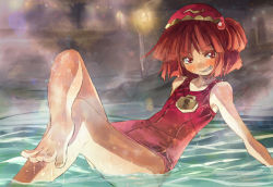 Rule 34 | 1girl, arm support, bare legs, bare shoulders, barefoot, blush, feet, grin, hair bobbles, hair ornament, hat, kawashiro mitori, lantern, leaning back, locked arms, long hair, one-piece swimsuit, original, partially submerged, pink eyes, pink hair, red one-piece swimsuit, school swimsuit, short hair, side ponytail, sitting, smile, solo, swimsuit, toes, touhou, water, wet, yohane