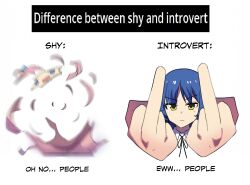 Rule 34 | 2girls, absurdres, black ribbon, blue eyes, blue hair, bocchi the rock!, closed mouth, comparison, cube hair ornament, difference between shy and introvert (meme), double middle finger, english text, gotoh hitori, hair ornament, highres, hinghoi, looking at viewer, meme, middle finger, mole, mole under eye, multiple girls, neck ribbon, pink hair, popping, ribbon, school uniform, shimokitazawa high school uniform, short hair, shy, yamada ryo, yellow eyes