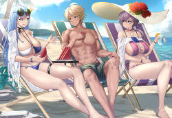 Rule 34 | 1boy, 2girls, abs, absurdres, azur lane, beach, bikini, blonde hair, blue eyes, blue hair, breasts, clothing cutout, commentary, commission, drink, english commentary, flower, hat, hat flower, highres, holding, holding drink, irkawaza, large breasts, long hair, looking at another, multiple girls, official alternate costume, palm tree, purple hair, reno (azur lane), reno (summer spin-off) (azur lane), short hair, sideboob, swimsuit, ticonderoga (azur lane), ticonderoga (sunshine princess) (azur lane), tree, underboob cutout, water