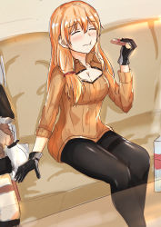 Rule 34 | 1girl, absurdres, black gloves, black pantyhose, blonde hair, blush, breasts, brown sweater, candy, chocolate, chocolate heart, cleavage, closed eyes, coach, eating, food, girls&#039; frontline, gloves, hair ribbon, heart, highres, huge filesize, long hair, medium breasts, mod3 (girls&#039; frontline), mosin-nagant (mod3) (girls&#039; frontline), muteppona hito, pantyhose, ribbon, room, simple background, sitting, solo, sv-98 (girls&#039; frontline), sweater, table